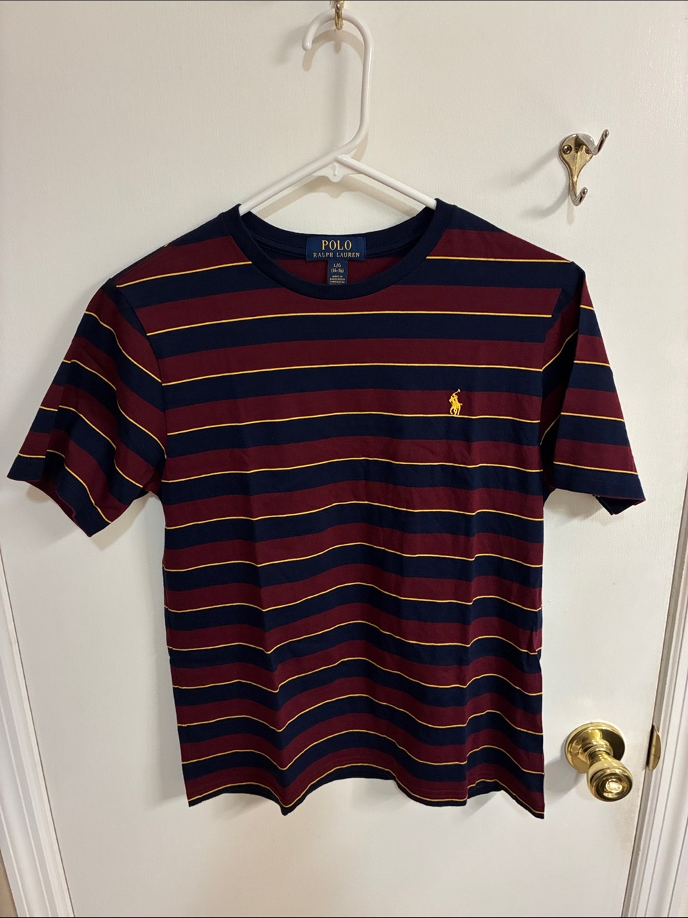 Polo by Ralph Lauren Navy, Burgundy & Yellow Striped Kids Tshirt Sz L 14-16